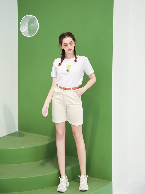 艾诺绮2021夏季白色印花T恤