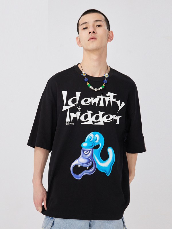 卡宾男装2021春夏季黑色印花T恤