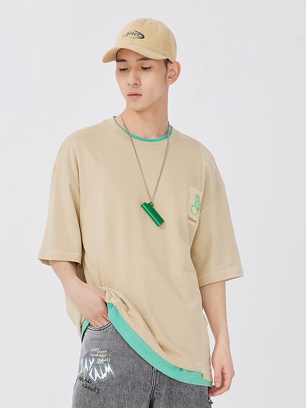 卡宾男装2021春夏季卡其色刺绣T恤