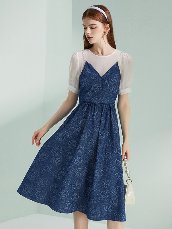 朗文斯汀2021春夏季藏蓝色提花吊带裙