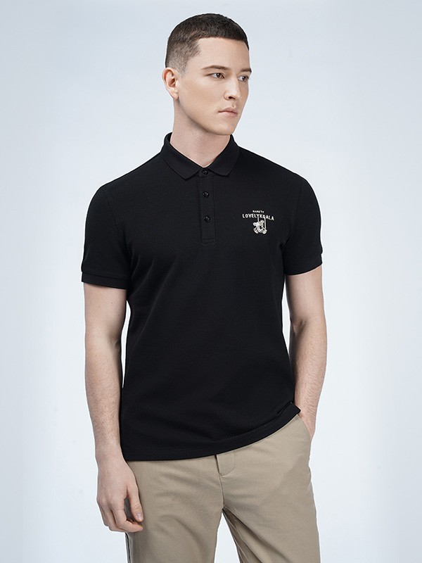 骆豪 2021春夏季黑色印花polo衫