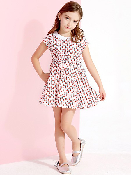 七彩芽2021春夏季白色波点连衣裙