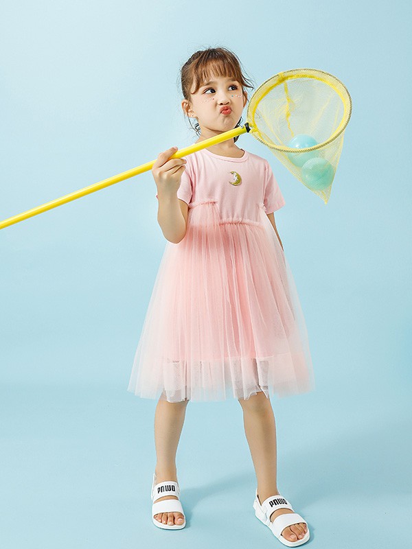 捷米梵童装2021春夏季粉色刺绣连衣裙