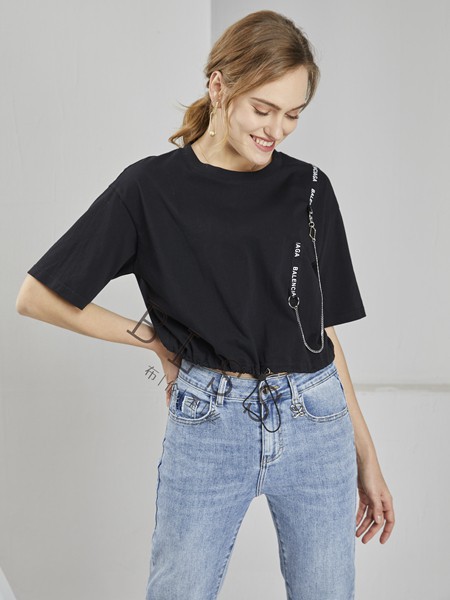 布伦圣丝2021春夏季黑色印花T恤