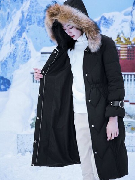 衣号女神女装2021秋冬季黑色带毛领羽绒服
