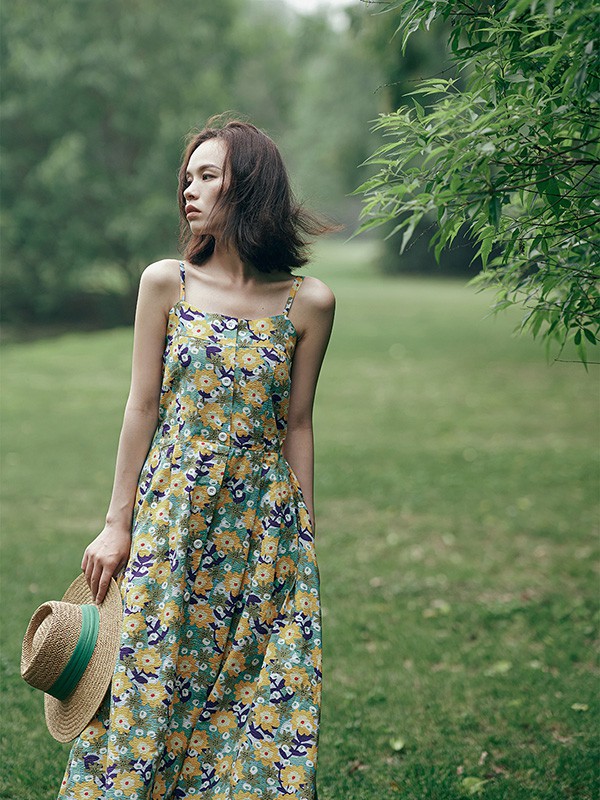 邦德家的女孩女装2021春夏季绿色印花吊带裙