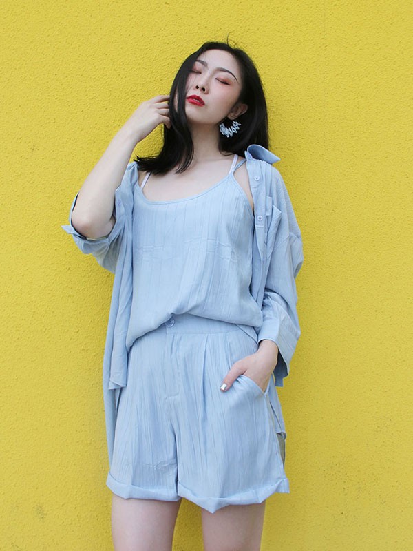 木子唧2021春夏季浅蓝色纯色短裤