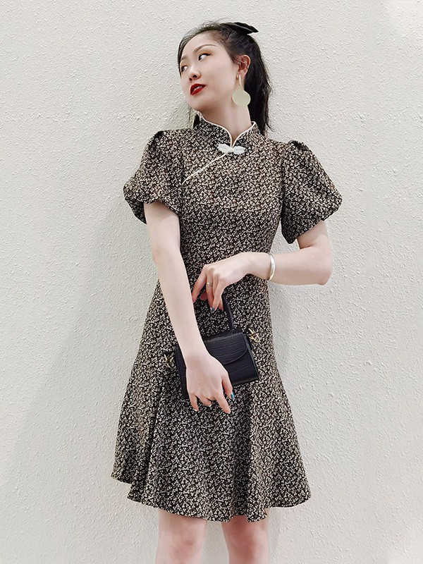 木子唧2021春夏季棕色波点旗袍