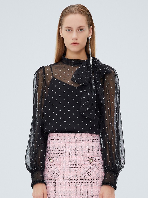 Z11女装2021春夏季黑色波点雪纺衫