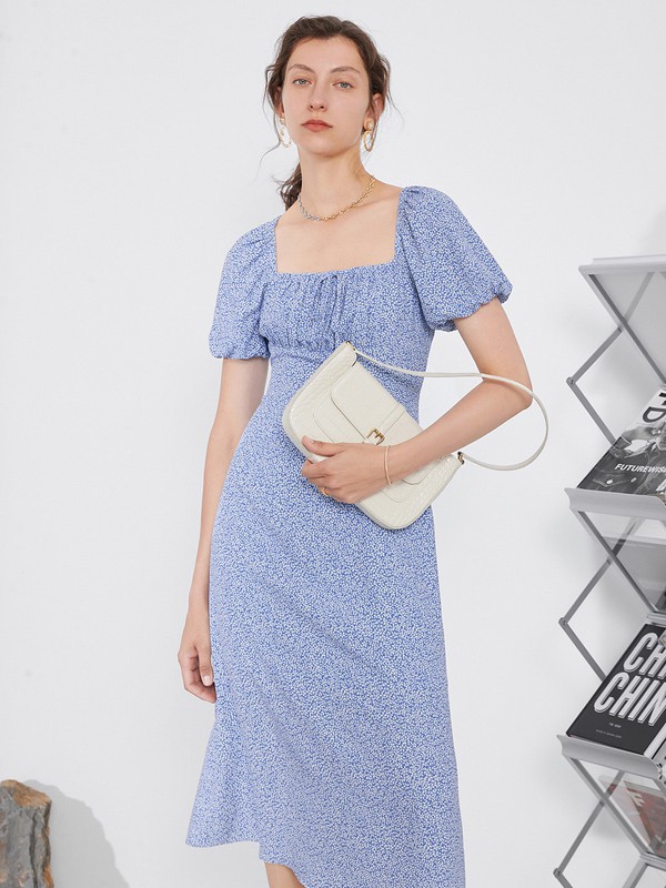 伊布都2021春夏季紫色波点连衣裙