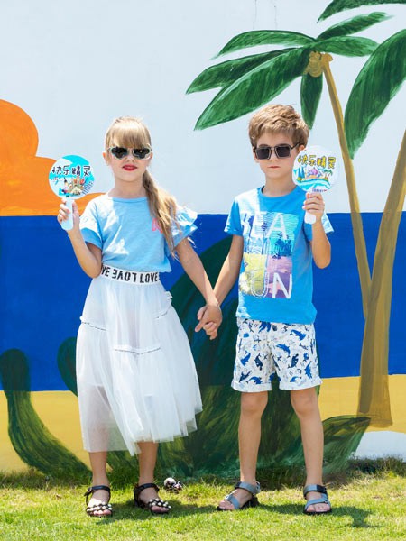 快乐精灵2021春夏季蓝色印花T恤