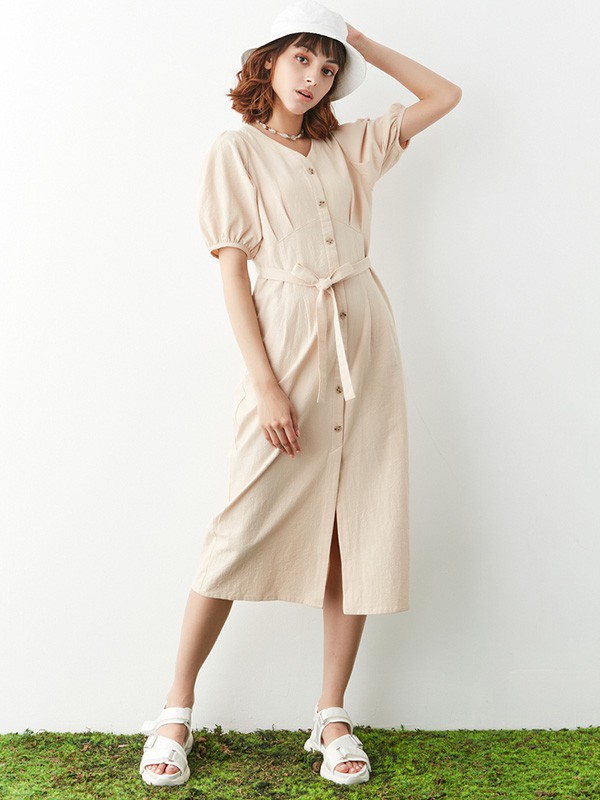moussy女装2021春夏季米色长款连衣裙