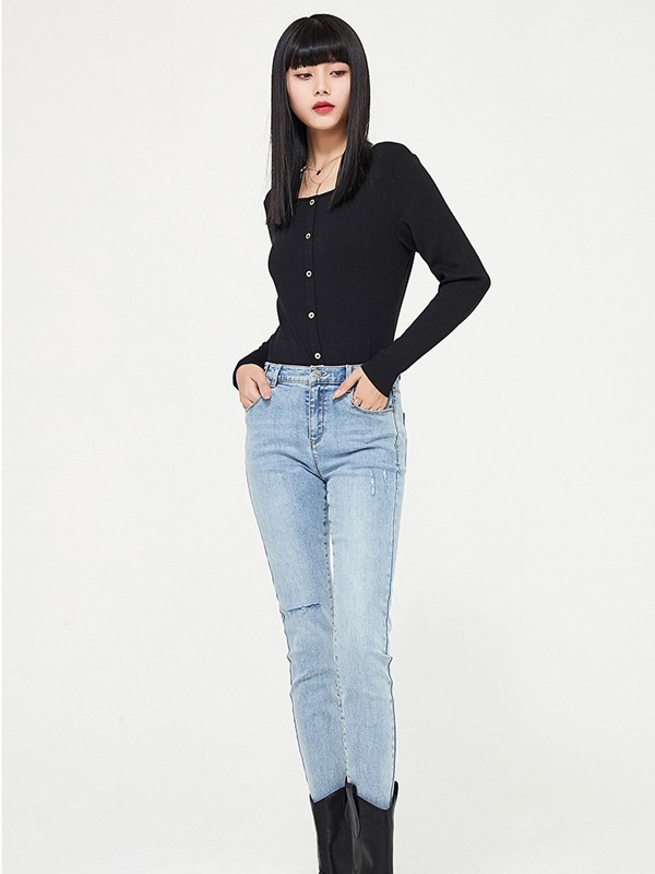 逸阳女装2021春夏季浅蓝色纯色长裤