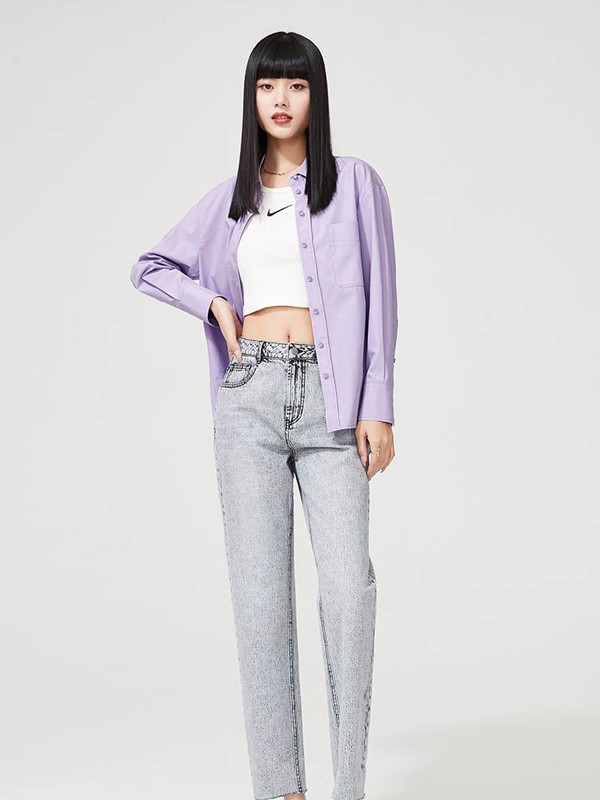 逸阳女装2021春夏季紫色纯色衬衫