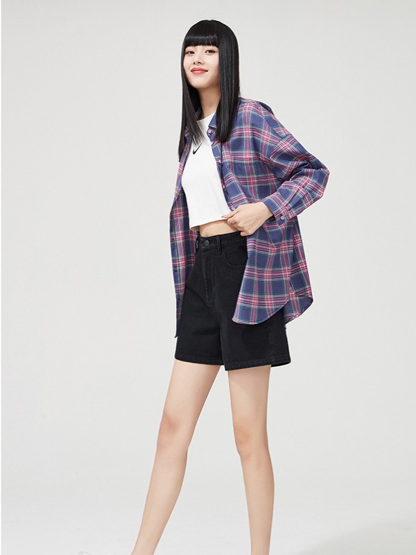 逸阳女装2021春夏季紫色格子衬衫