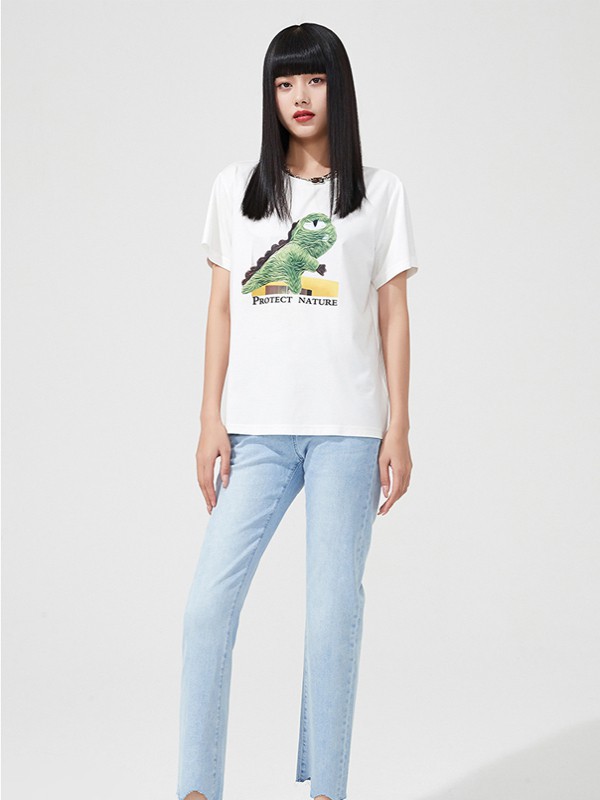 逸阳女装2021春夏季白色印花T恤