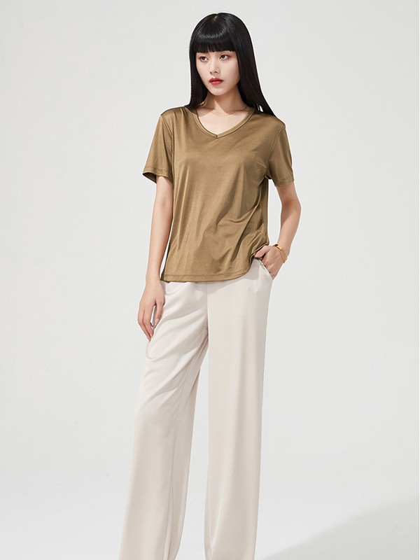 逸阳女装2021春夏季米色纯色长裤