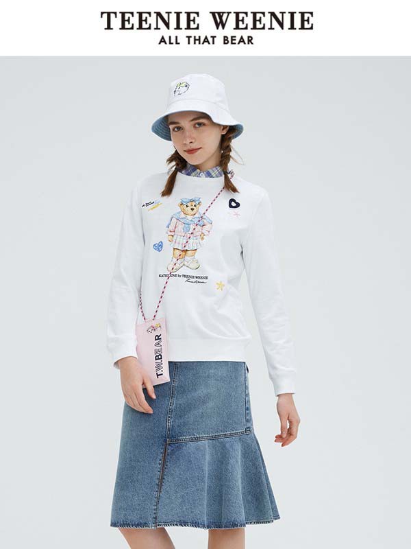 维尼熊女装2021春夏季白色印花T恤