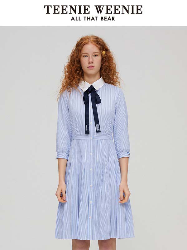 维尼熊女装2021春夏季浅蓝色纯色衬衫裙