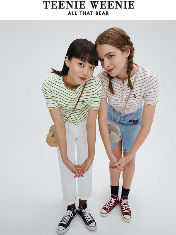 维尼熊女装2021春夏季白色条纹T恤