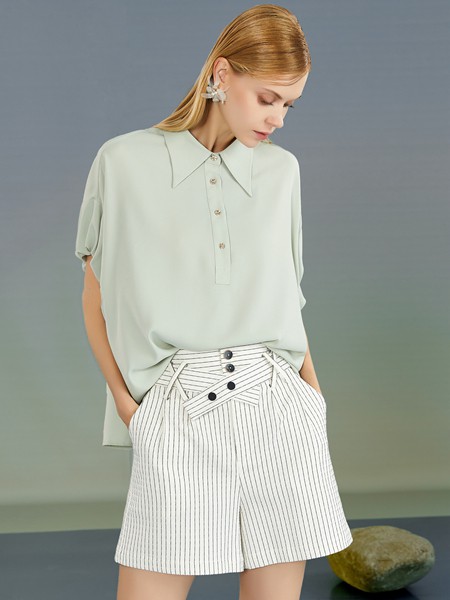 婕依妮女装2021春夏季绿色纯色雪纺衫