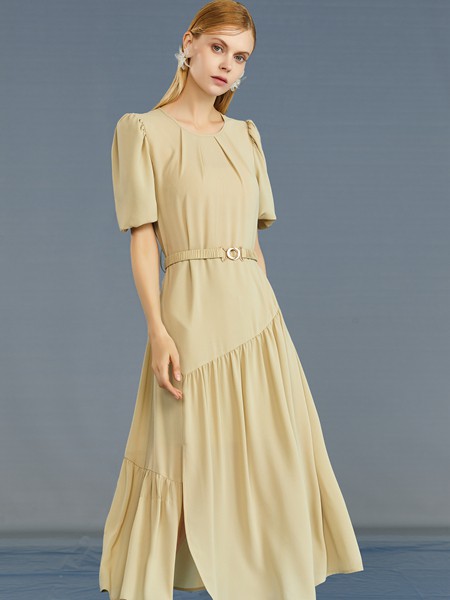 婕依妮2021春夏季黄色纯色连衣裙