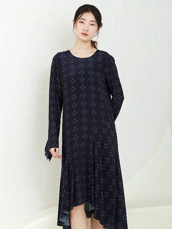 读我2021春夏季藏蓝色波点连衣裙