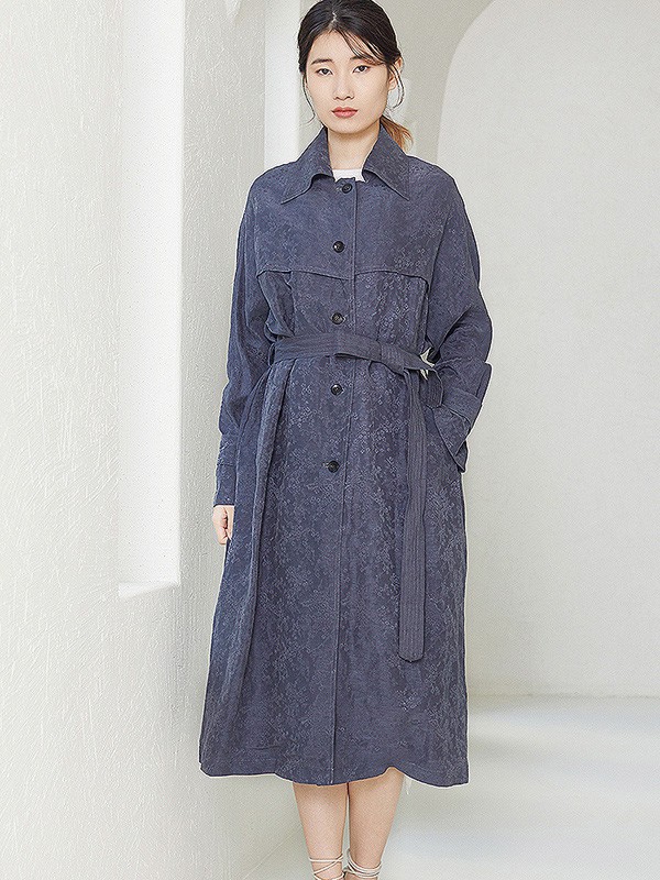 README女装2021春夏季藏蓝色暗纹衬衫裙