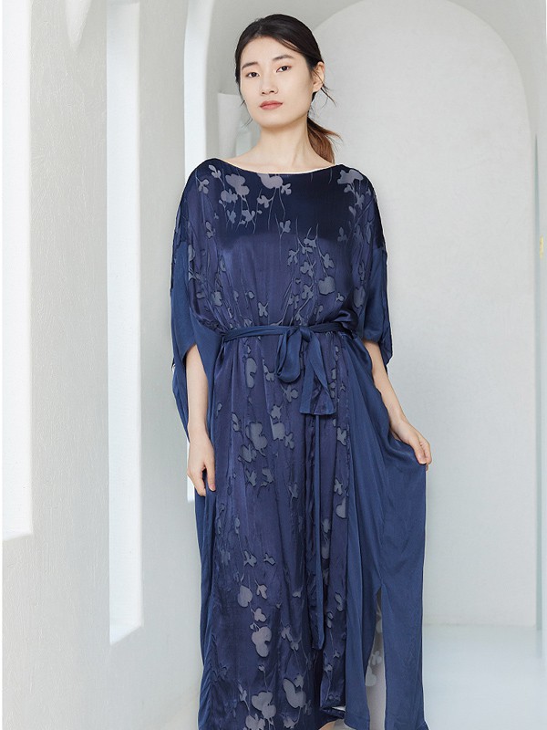 README女装2021春夏季藏蓝色印花连衣裙