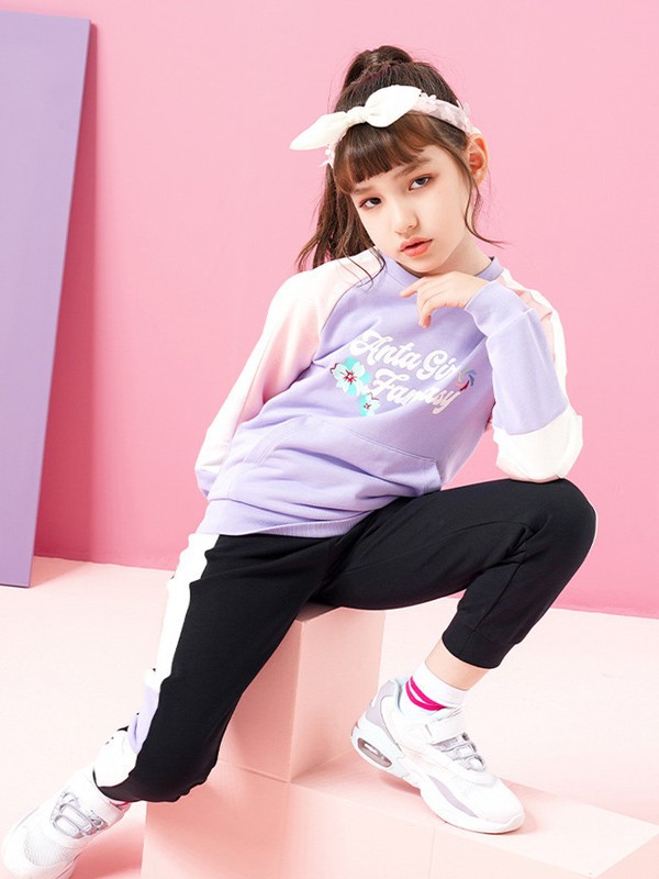 安踏儿童童装2021春夏季拼色一字肩卫衣