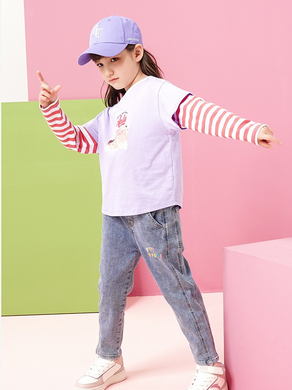 安踏儿童童装2021春夏季紫色印花T恤