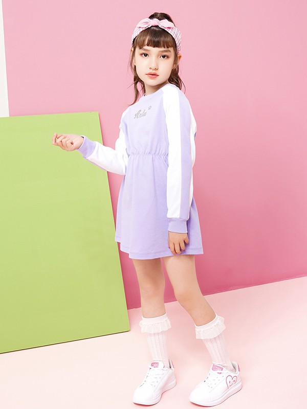 安踏儿童童装2021春夏季紫色印花连衣裙