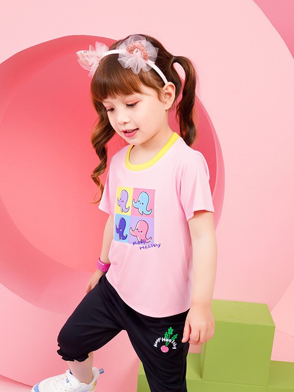 安踏儿童童装2021春夏季粉色印花T恤
