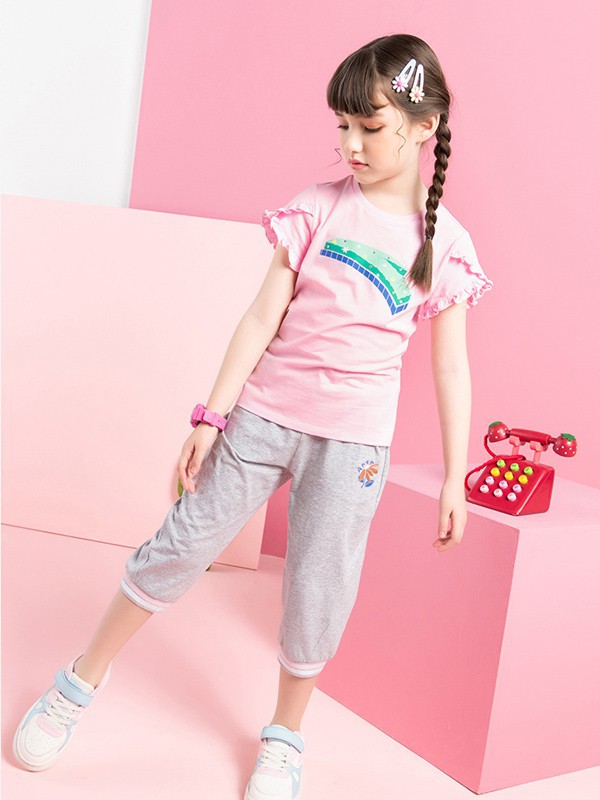 安踏儿童童装2021春夏季粉色印花T恤