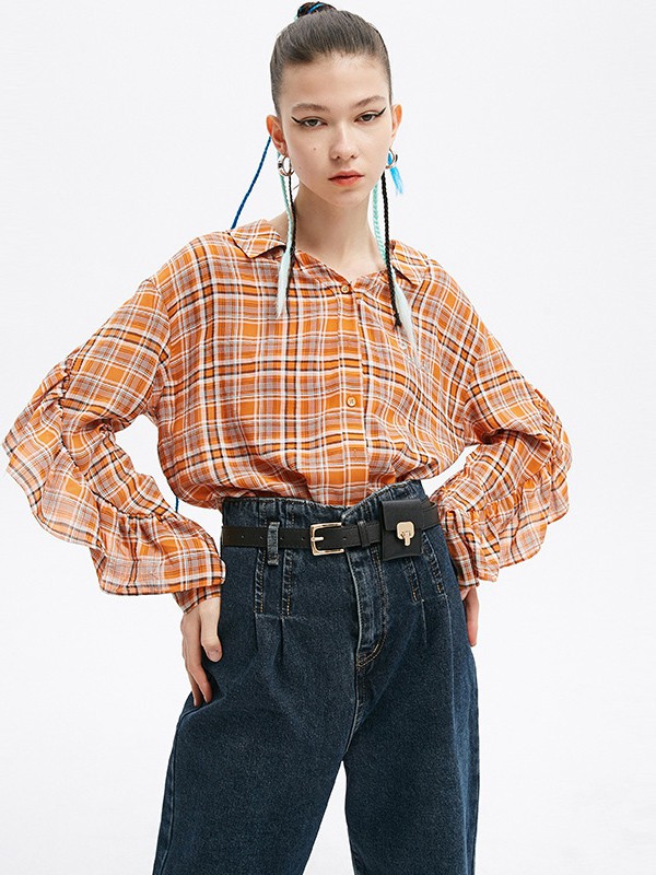 Jamor女装2021春夏季橙色格子衬衫