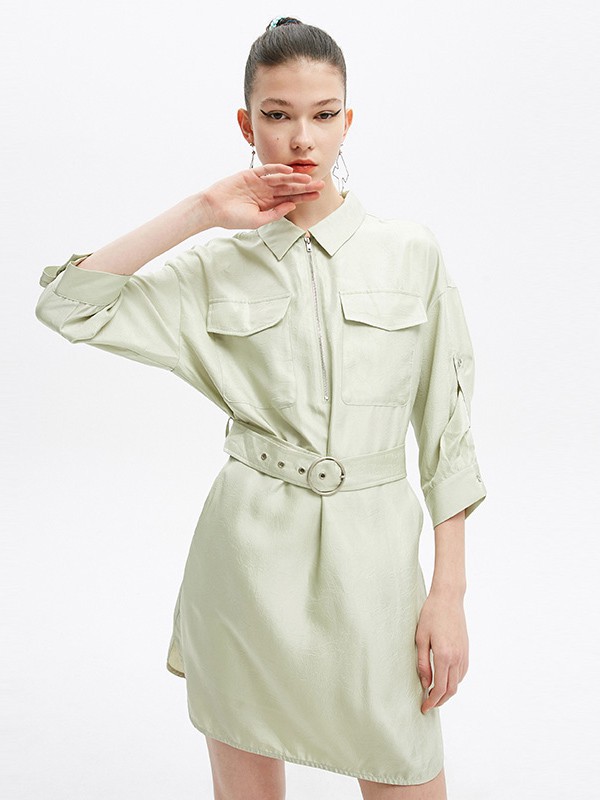 Jamor女装2021春夏季绿色纯色长裙