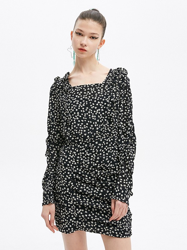 Jamor女装2021春夏季黑色波点连衣裙