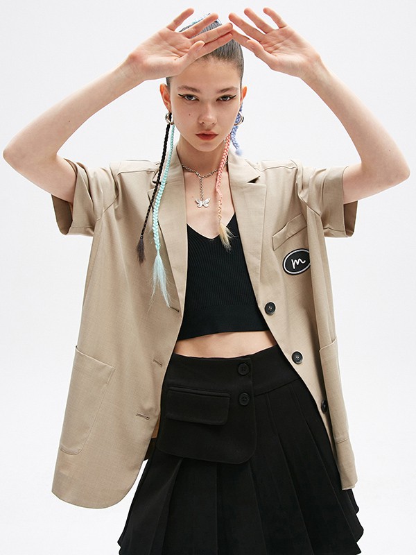 Jamor女装2021春夏季驼色印花衬衫