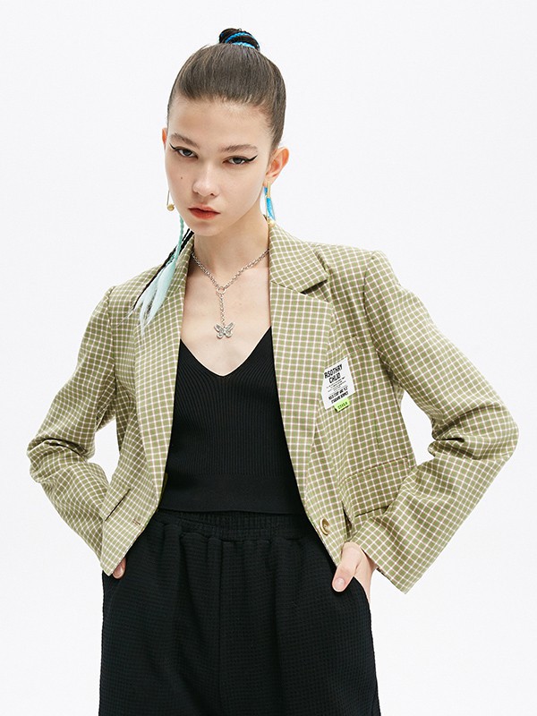 Jamor女装2021春夏季绿色格子外套