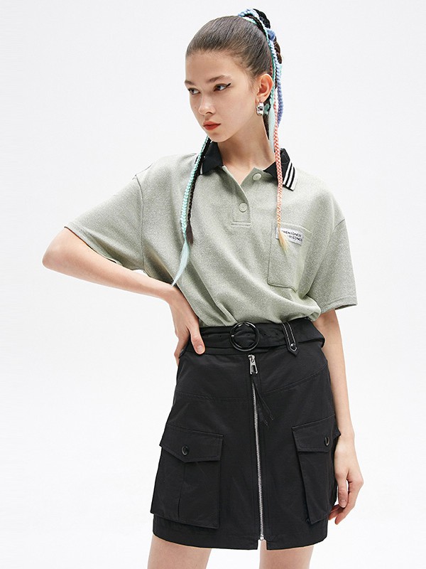 Jamor女装2021春夏季绿色贴布polo衫