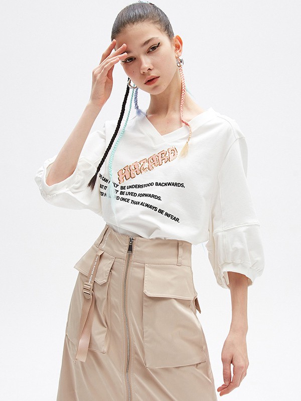 Jamor女装2021春夏季白色印花衬衫