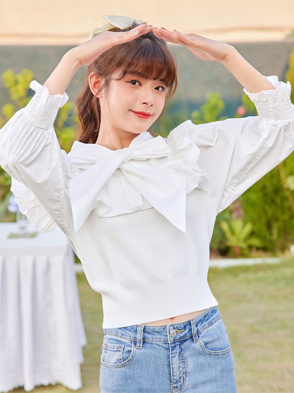 爱依服女装2021春夏季白色蝴蝶结衬衫