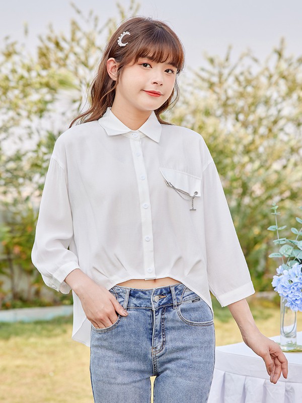 爱依服女装2021春夏季白色不对称衬衫