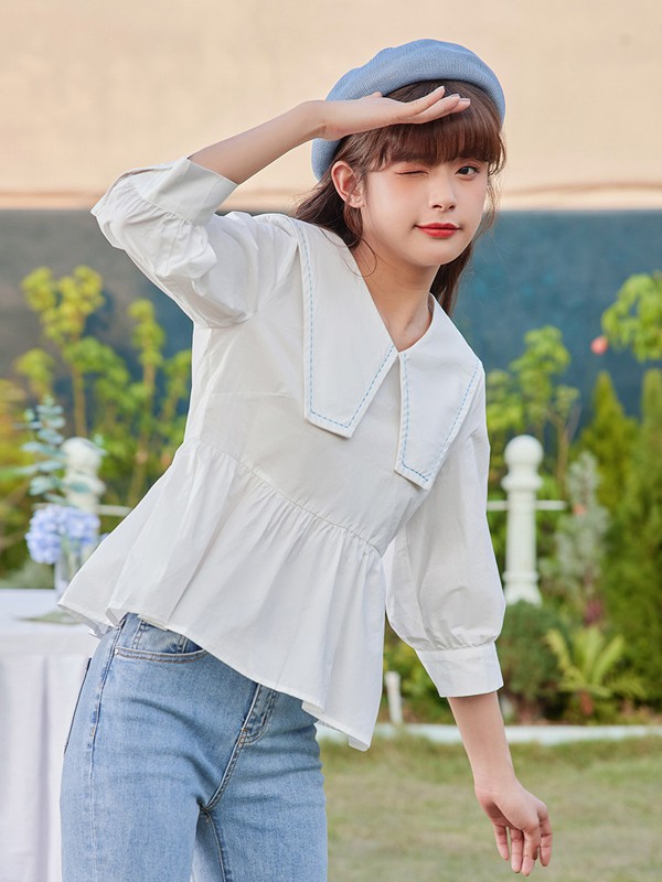 爱依服2021春夏季白色纯色雪纺衫