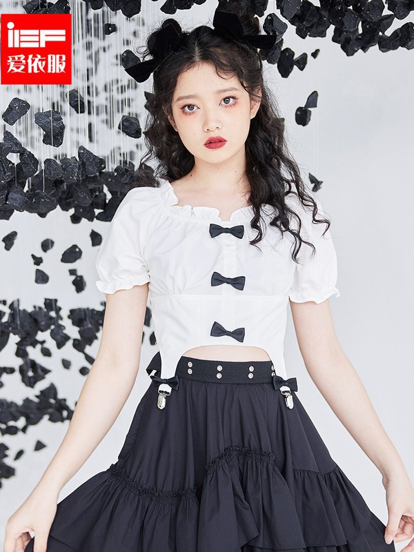 爱依服2021春夏季白色蝴蝶结上衣