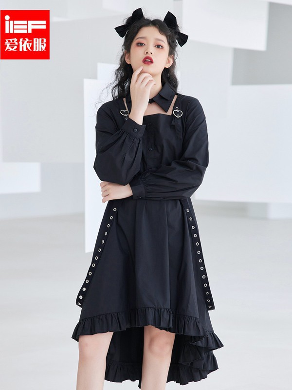 爱依服2021春夏季黑色不对称连衣裙
