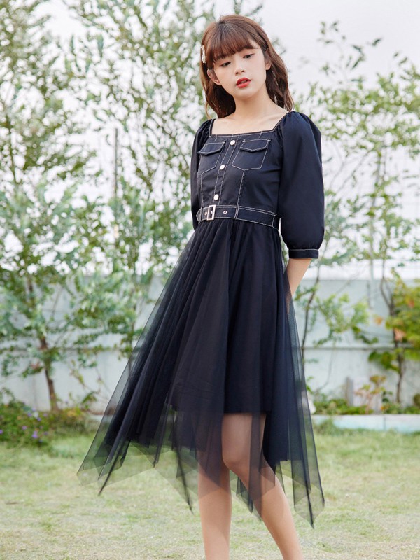 爱依服2021春夏季黄色拼接连衣裙