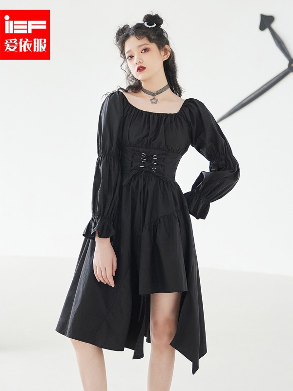 爱依服2021春夏季黑色不对称连衣裙