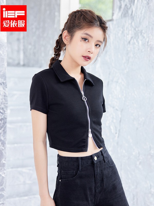 爱依服2021春夏季黑色露腰长裤