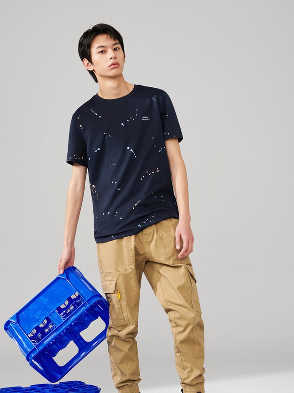 海澜之家2021春夏季藏蓝色印花T恤